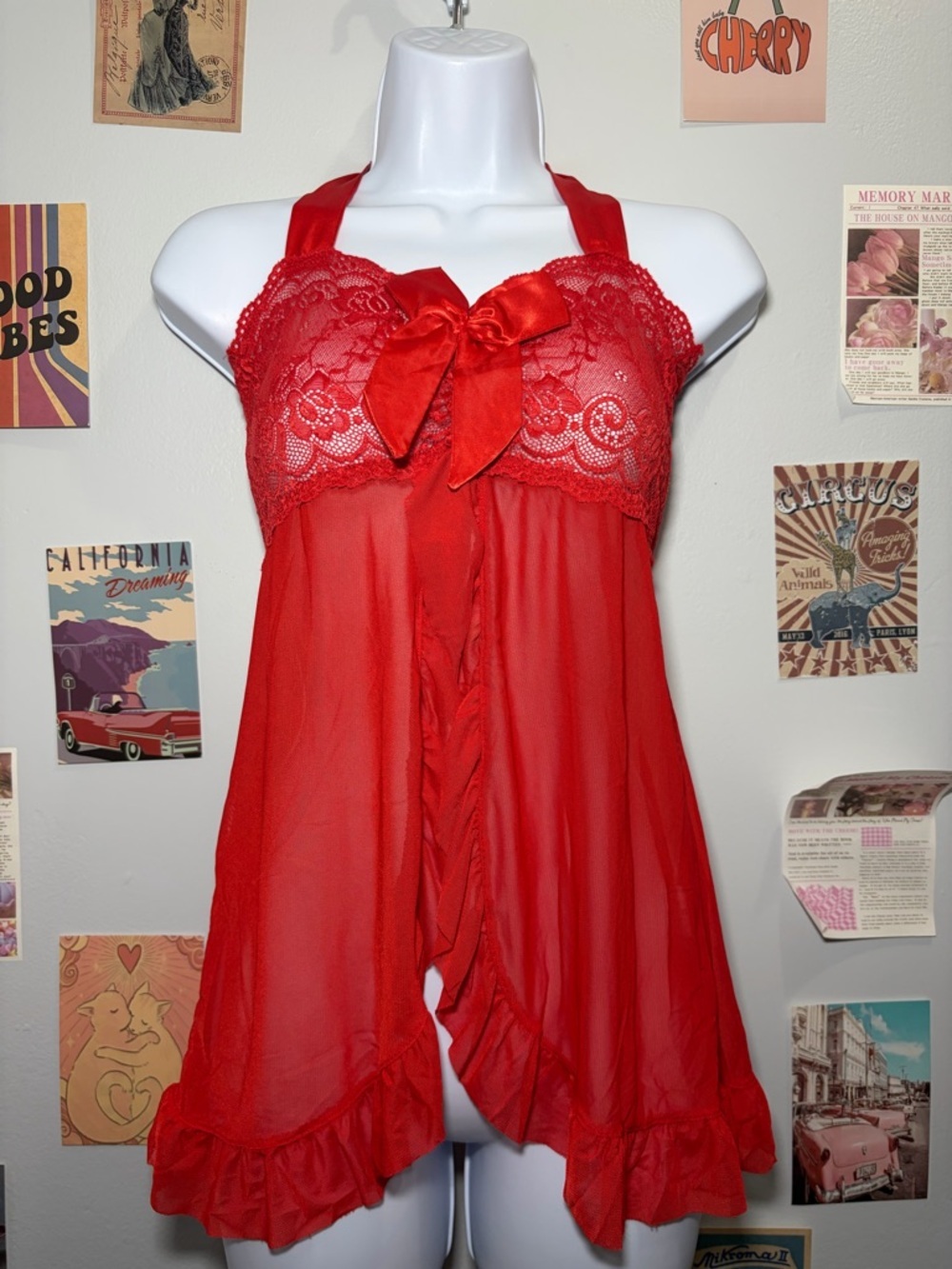 Sexy Red Lace Halter Babydoll Chemise with Bow